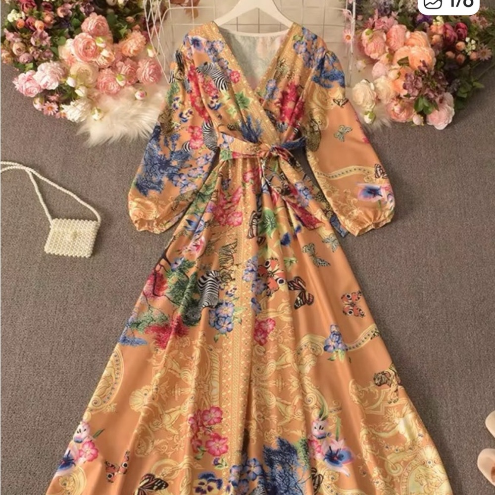 (GOLD) Goddess Ethereal Boho Balloon Sleeve Midi/Maxi Dress
